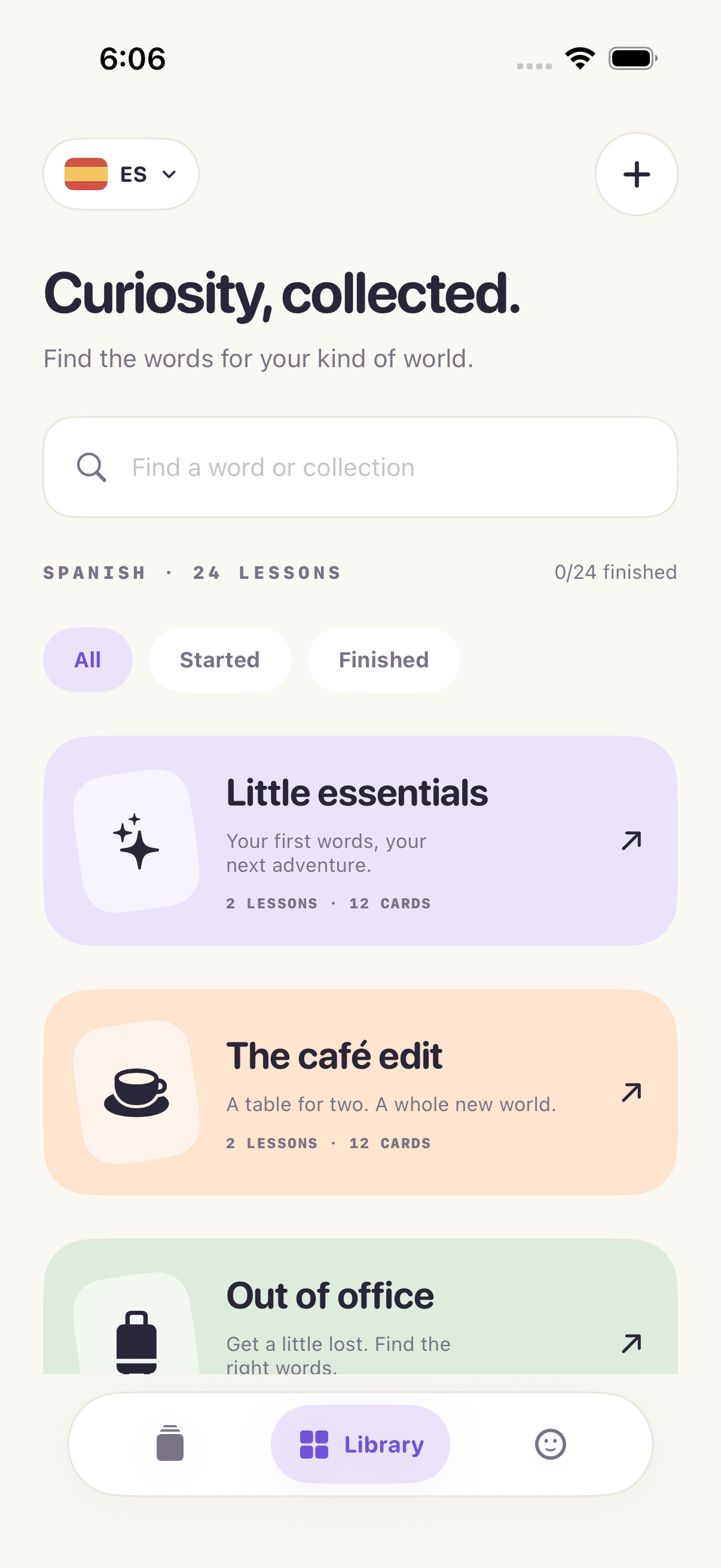 Vocabh vocabulary library with topic collections and personal flashcards