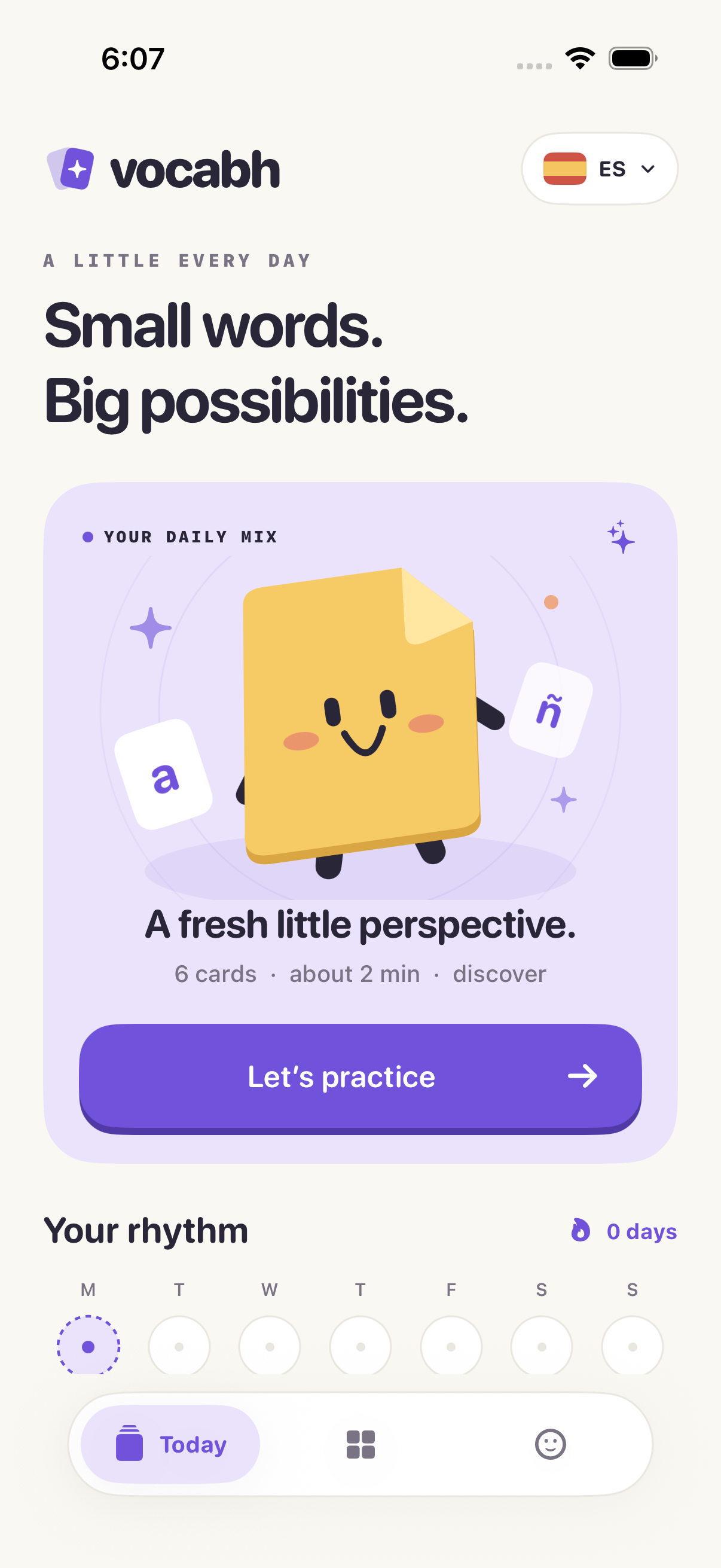 Vocabh Today screen with Pip, a daily flashcard session, and weekly practice rhythm